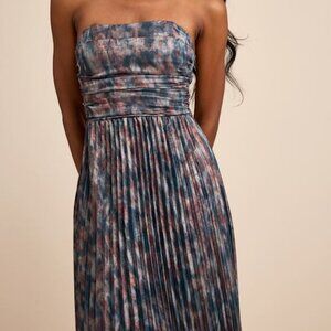 Lulus Islya Slate Blue Multi Abstract Pleated Strapless Maxi Dress - Size L